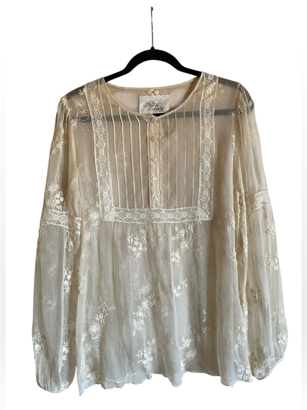 Johnny Was For Love & Liberty Crean 100% Silk Pintuck Embroidered Blouse Top S